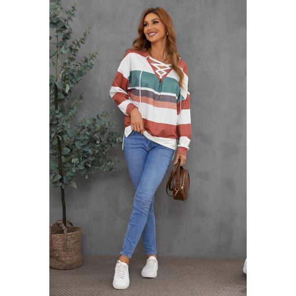 Multicolour V Neck Drawstring Long Sleeve Striped Oversize Sweatshirt