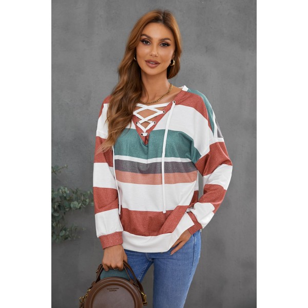 Multicolour V Neck Drawstring Long Sleeve Striped Oversize Sweatshirt