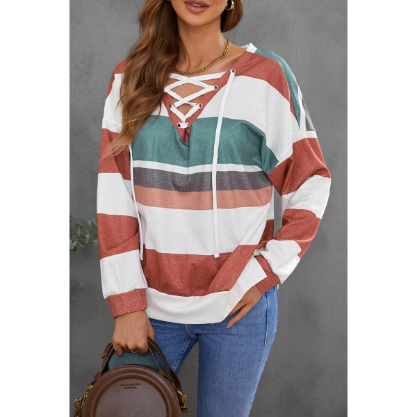Multicolour V Neck Drawstring Long Sleeve Striped Oversize Sweatshirt