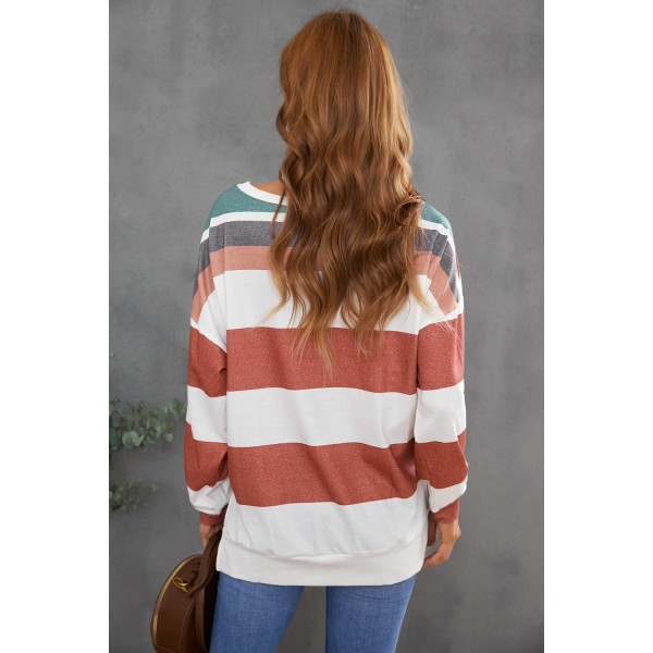 Multicolour V Neck Drawstring Long Sleeve Striped Oversize Sweatshirt