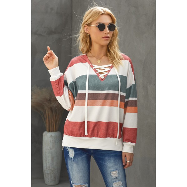 Multicolour V Neck Drawstring Long Sleeve Striped Oversize Sweatshirt