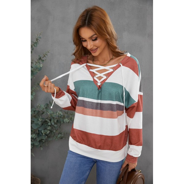 Multicolour V Neck Drawstring Long Sleeve Striped Oversize Sweatshirt