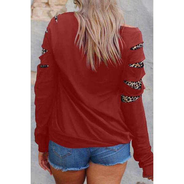 Red Off Shoulder Cut-out Leopard Splice Sweatshirt
