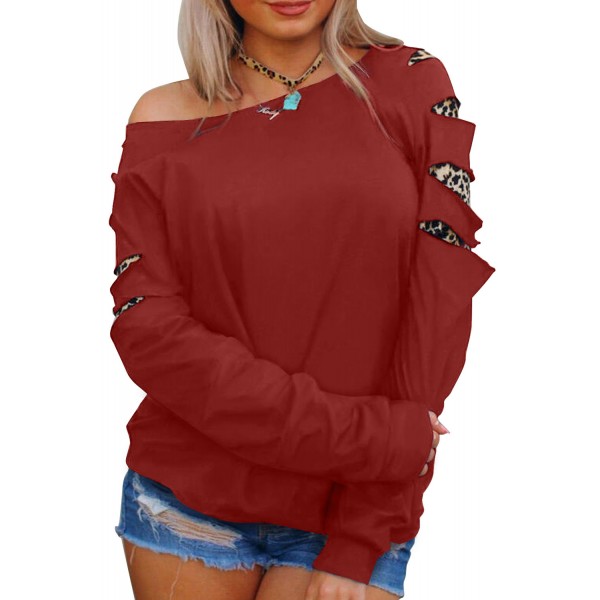 Red Off Shoulder Cut-out Leopard Splice Sweatshirt