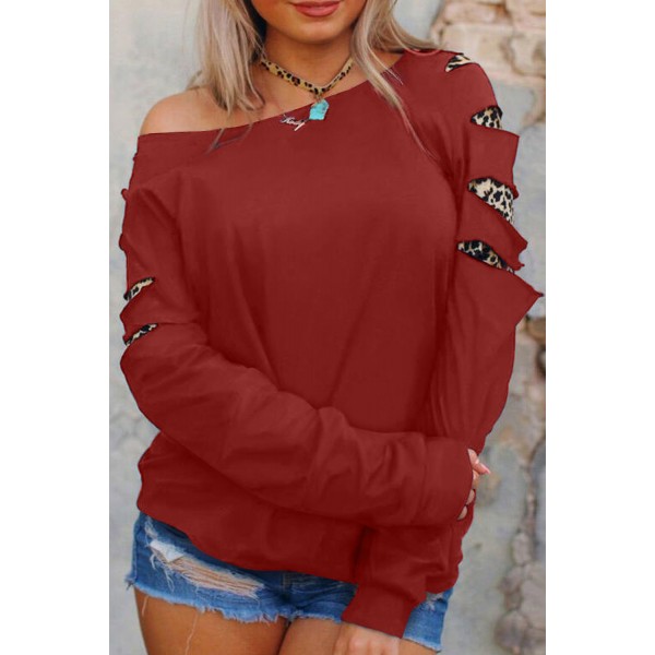 Red Off Shoulder Cut-out Leopard Splice Sweatshirt