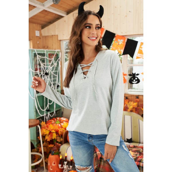 White Lace-Up V-neck Slim Fit Long Sleeve Sweatshirt