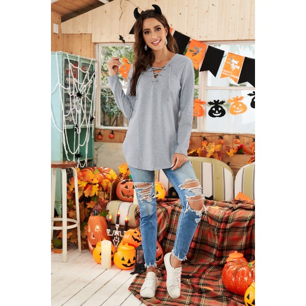 Grey Lace-Up V-neck Slim Fit Long Sleeve Sweatshirt