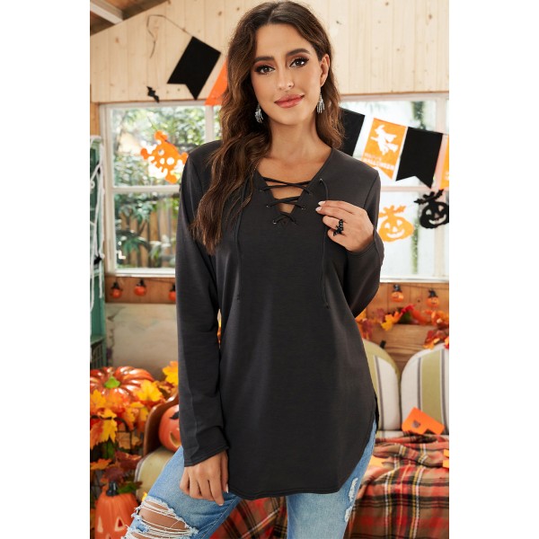 Black Lace-Up V-neck Slim Fit Long Sleeve Sweatshirt