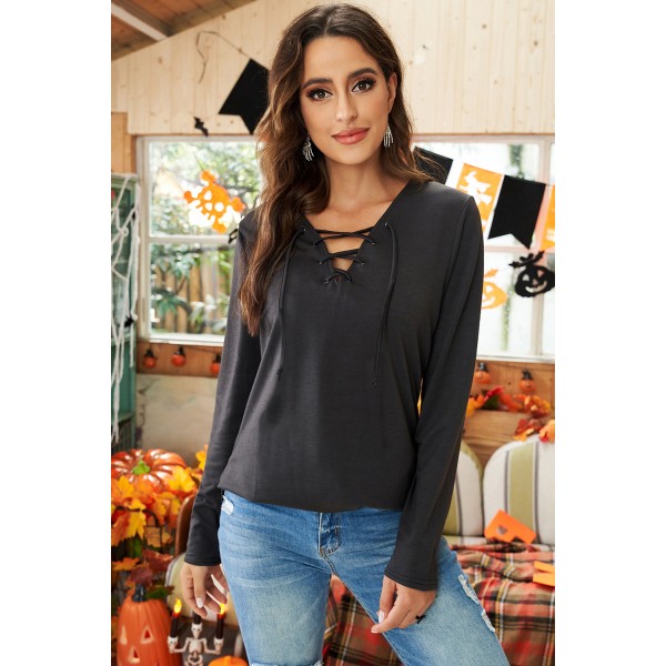 Black Lace-Up V-neck Slim Fit Long Sleeve Sweatshirt
