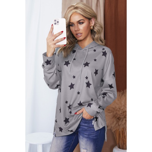 Gray Star Print Hoodie with Side Slits