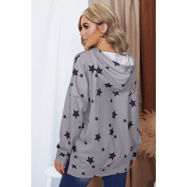 Gray Star Print Hoodie with Side Slits