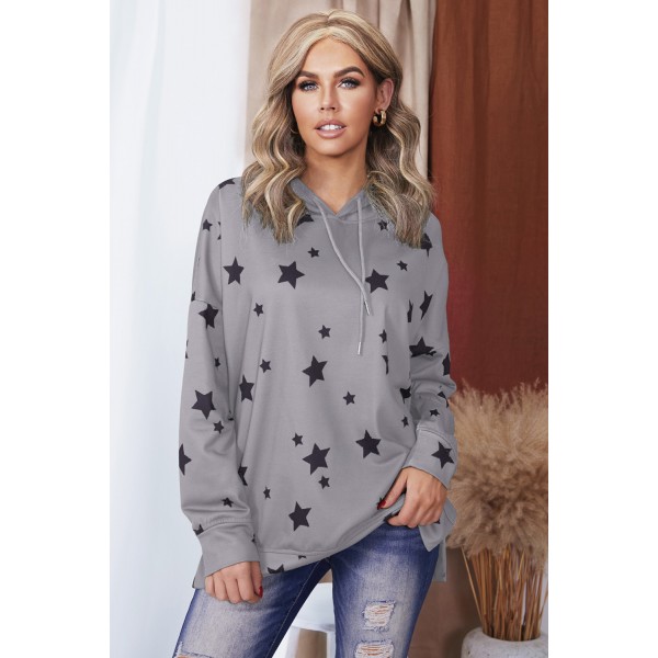 Gray Star Print Hoodie with Side Slits