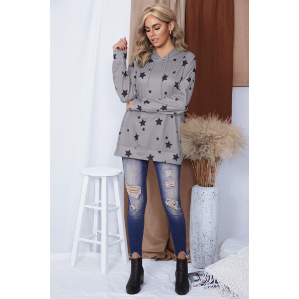 Gray Star Print Hoodie with Side Slits