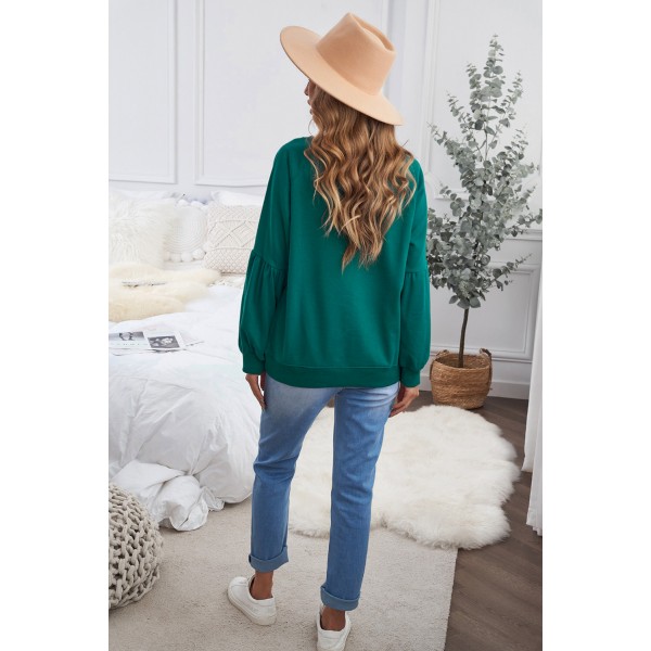 Green Raglan Patchwork Sleeve Pullover Sweatshirt