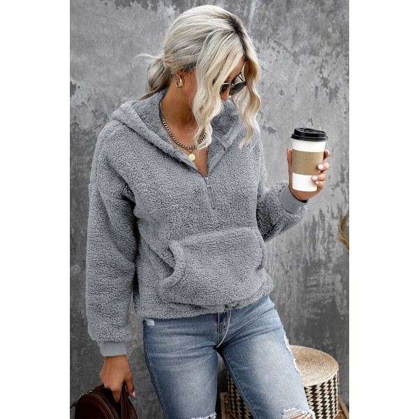 Gray 1/4 Zip Hooded Sherpa Sweatshirt with Kangaroo