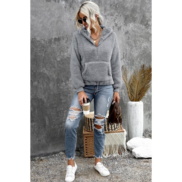 Gray 1/4 Zip Hooded Sherpa Sweatshirt with Kangaroo