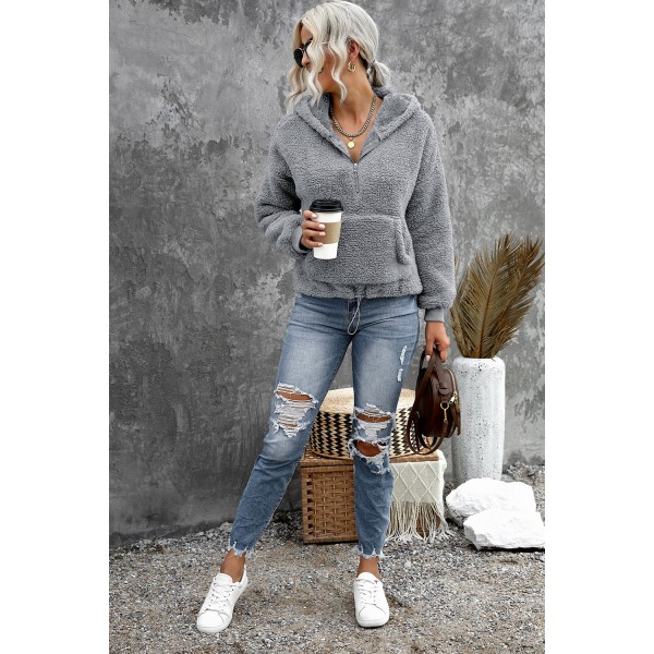 Gray 1/4 Zip Hooded Sherpa Sweatshirt with Kangaroo