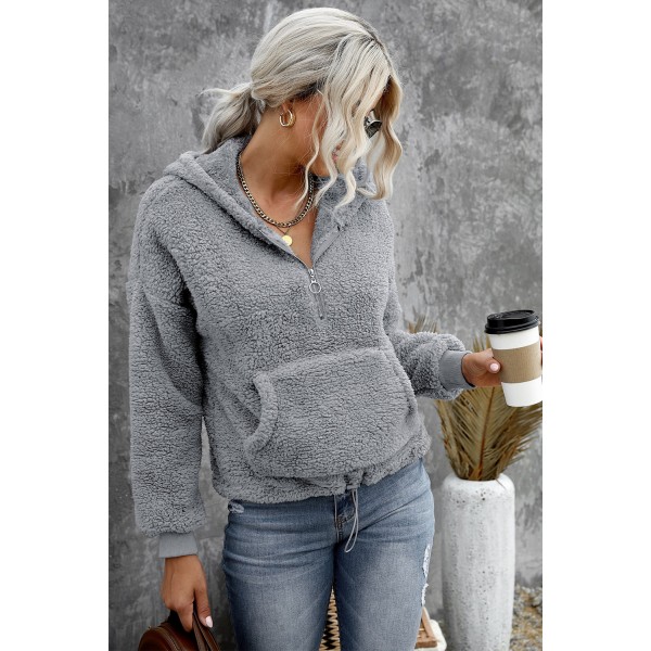 Gray 1/4 Zip Hooded Sherpa Sweatshirt with Kangaroo