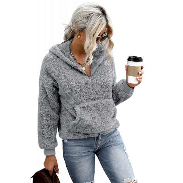 Gray 1/4 Zip Hooded Sherpa Sweatshirt with Kangaroo
