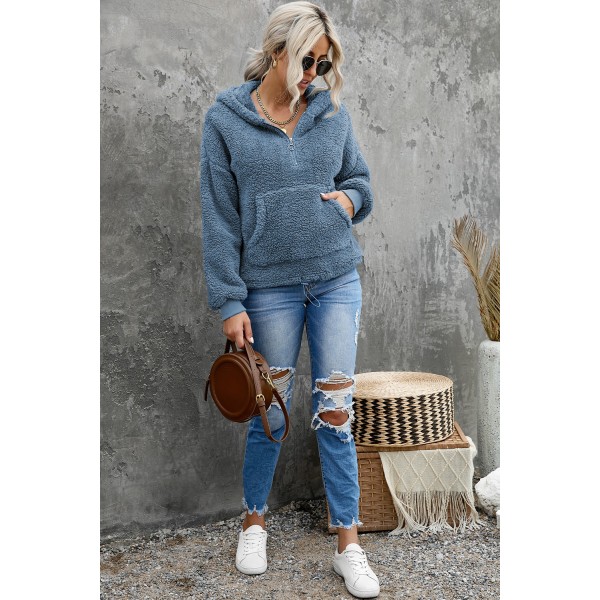 Sky Blue 1/4 Zip Hooded Sherpa Sweatshirt with Kangaroo