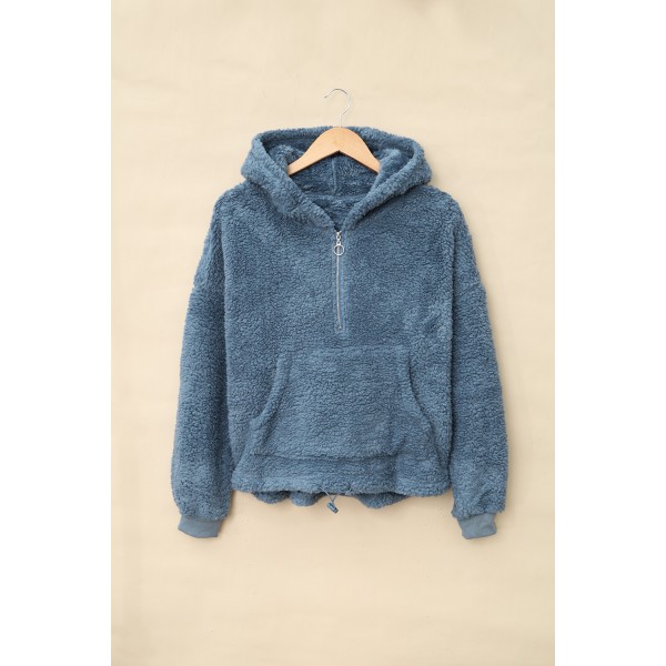 Sky Blue 1/4 Zip Hooded Sherpa Sweatshirt with Kangaroo