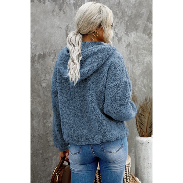 Sky Blue 1/4 Zip Hooded Sherpa Sweatshirt with Kangaroo
