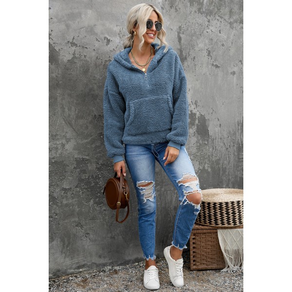 Sky Blue 1/4 Zip Hooded Sherpa Sweatshirt with Kangaroo