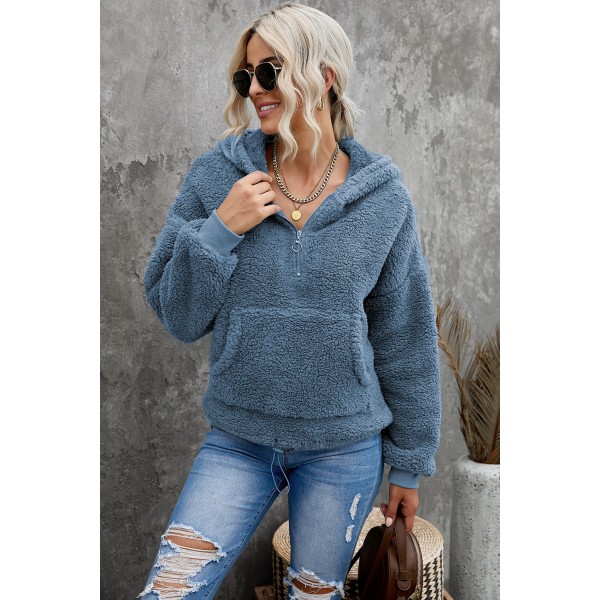 Sky Blue 1/4 Zip Hooded Sherpa Sweatshirt with Kangaroo