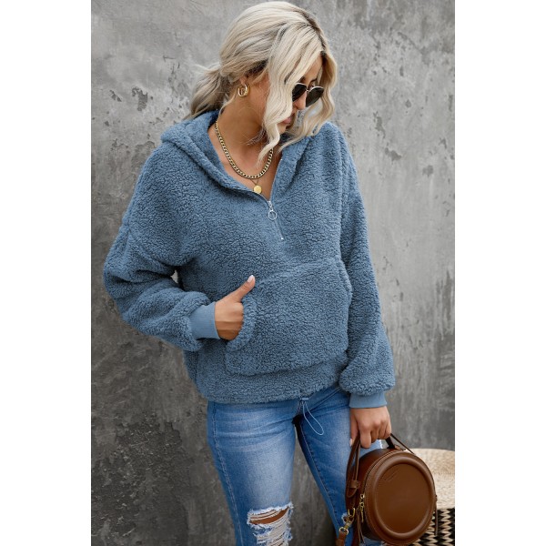 Sky Blue 1/4 Zip Hooded Sherpa Sweatshirt with Kangaroo