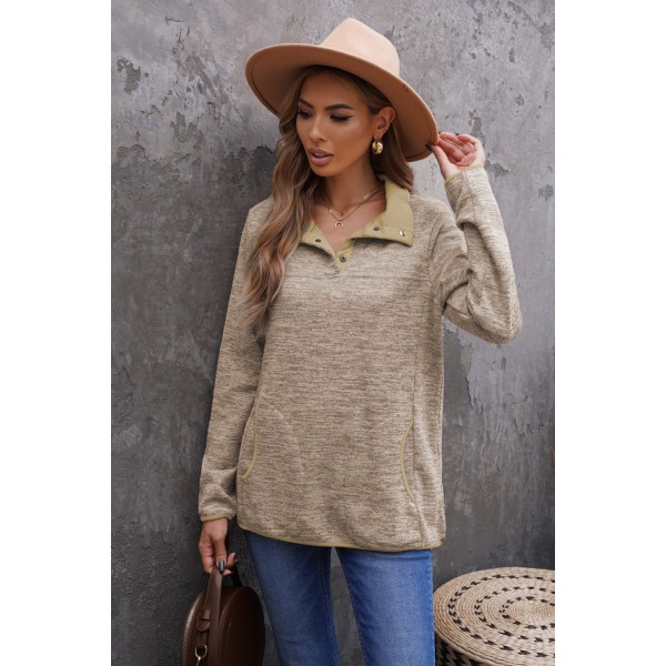 Apricot Heathered Turn-down Collar Pullover Sweatshirt