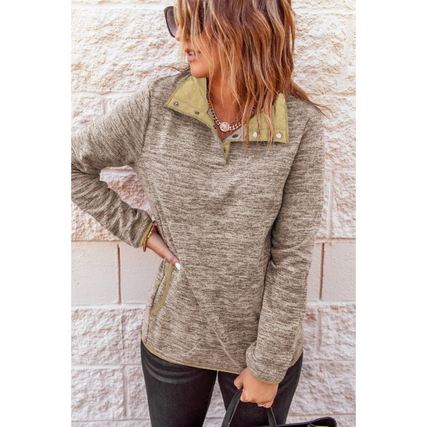 Apricot Heathered Turn-down Collar Pullover Sweatshirt