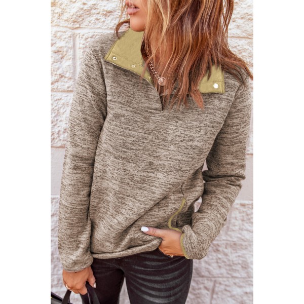Apricot Heathered Turn-down Collar Pullover Sweatshirt