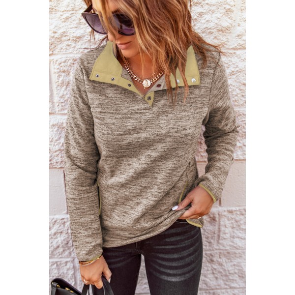 Apricot Heathered Turn-down Collar Pullover Sweatshirt