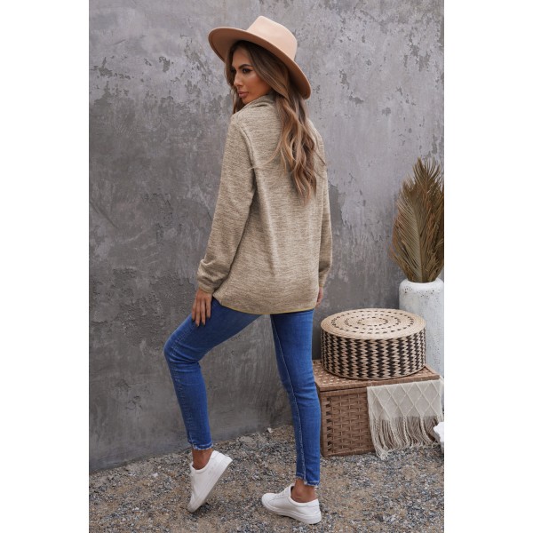Apricot Heathered Turn-down Collar Pullover Sweatshirt