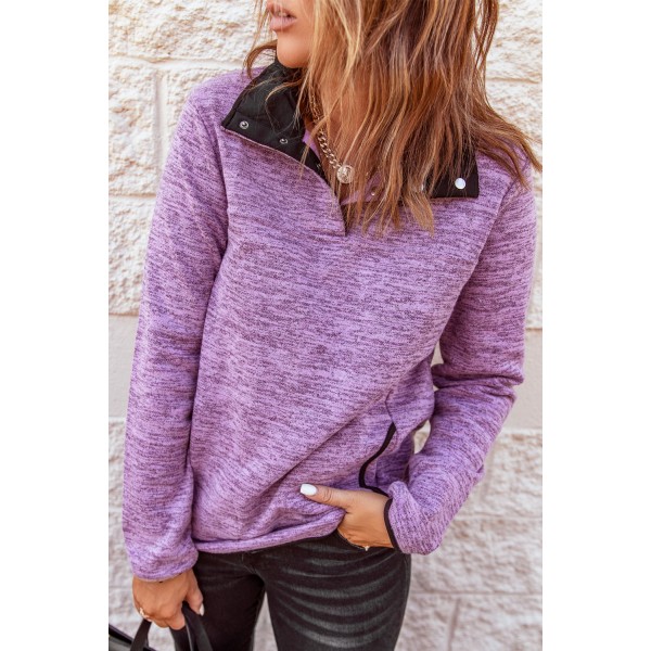 Purple Heathered Turn-down Collar Pullover Sweatshirt