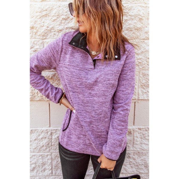 Purple Heathered Turn-down Collar Pullover Sweatshirt
