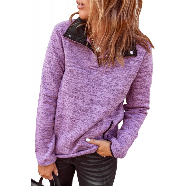 Purple Heathered Turn-down Collar Pullover Sweatshirt