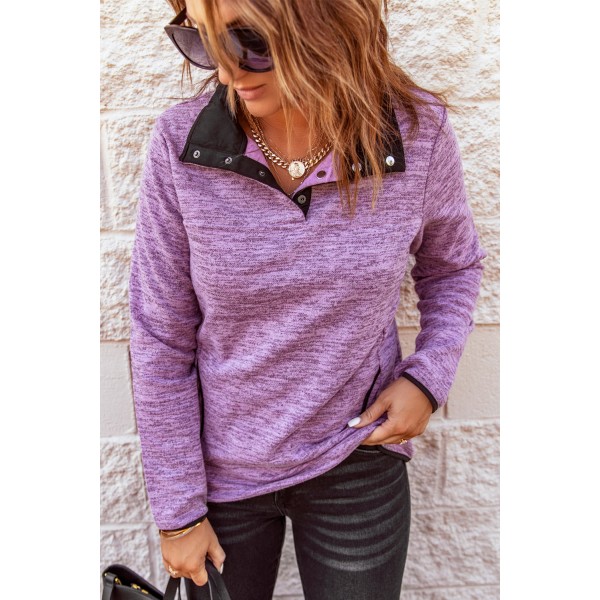 Purple Heathered Turn-down Collar Pullover Sweatshirt