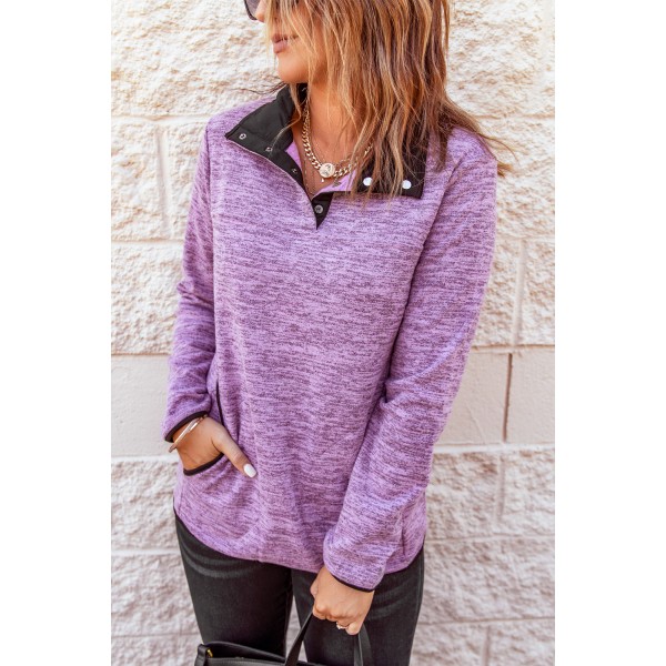 Purple Heathered Turn-down Collar Pullover Sweatshirt