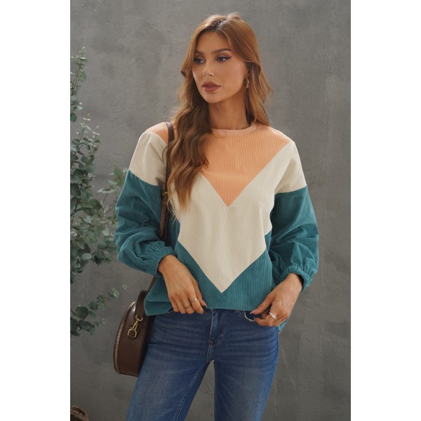 Colorblock Balloon Sleeve Corduroy Sweatshirt