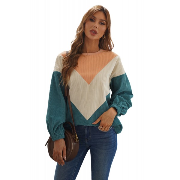 Colorblock Balloon Sleeve Corduroy Sweatshirt