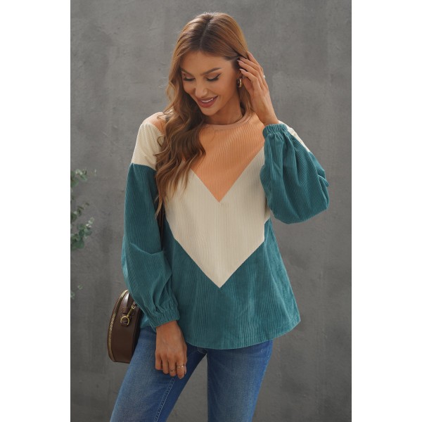Colorblock Balloon Sleeve Corduroy Sweatshirt