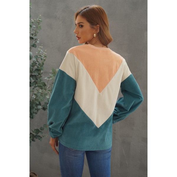 Colorblock Balloon Sleeve Corduroy Sweatshirt