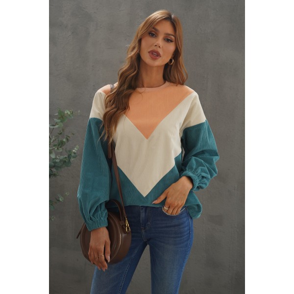 Colorblock Balloon Sleeve Corduroy Sweatshirt