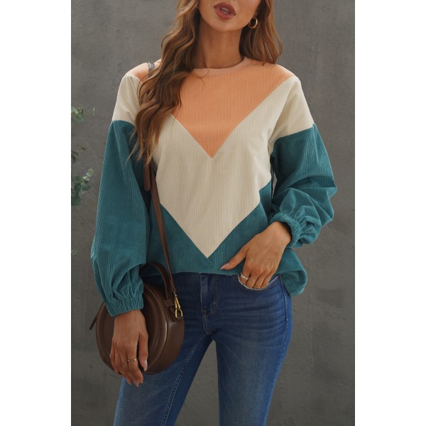 Colorblock Balloon Sleeve Corduroy Sweatshirt