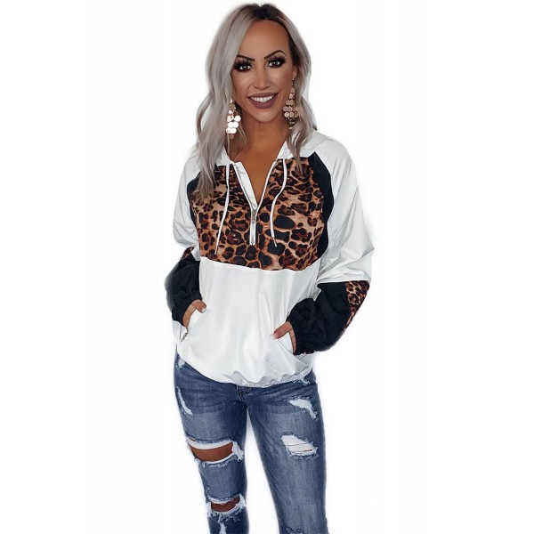 White Leopard Print Contrast Stitching Hoodie