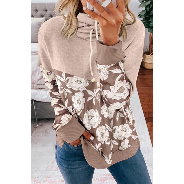 Floral Splicing Cowl Neck Hoodie