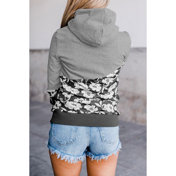 Black Floral Splicing Cowl Neck Hoodie