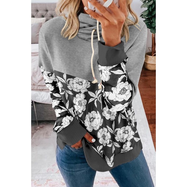 Black Floral Splicing Cowl Neck Hoodie