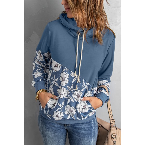 Blue Floral Splicing Cowl Neck Hoodie